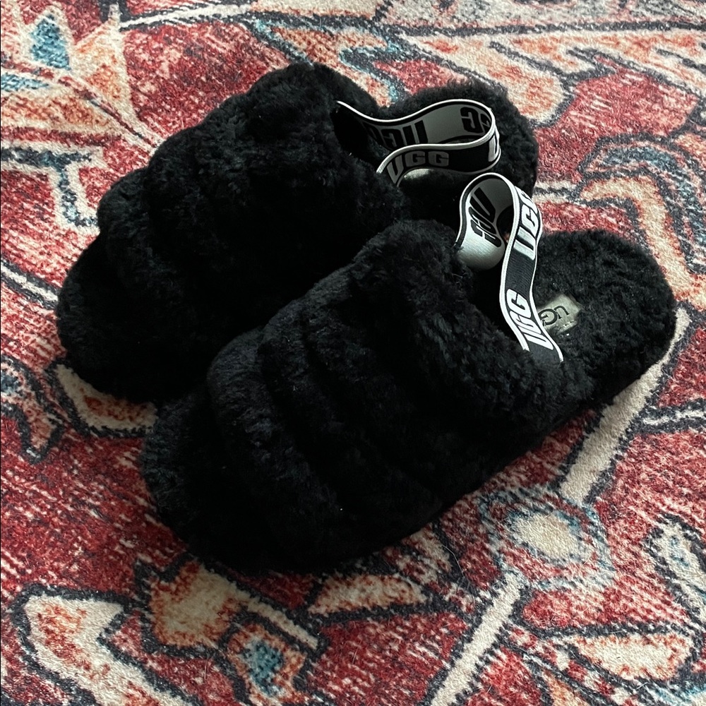 UGG Black Fluffy Slippers